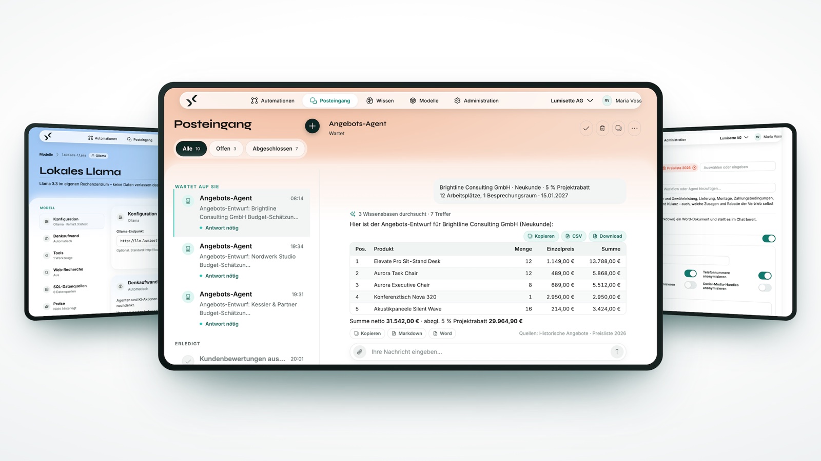 The schnell.digital AI Kit on three screens: in the centre the inbox with a quote draft from the quote agent including its sources, on the left the settings for a locally run Llama model, on the right the per-agent pseudonymisation.