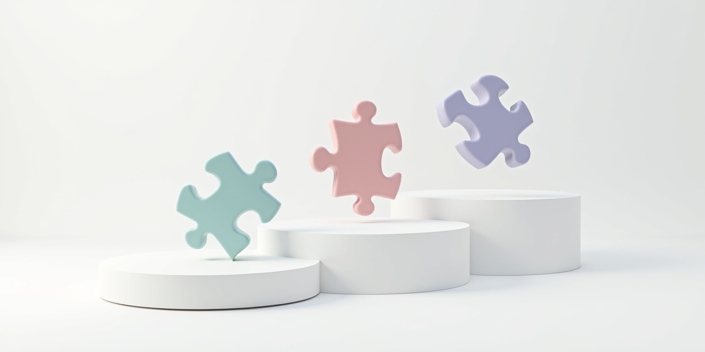 Drei Puzzleteile finden auf Podesten zusammen – Sinnbild für die schrittweise KI-Einführung im Unternehmen