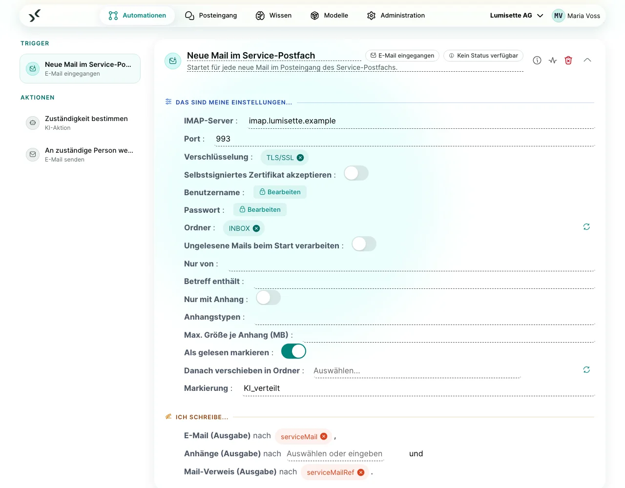 E-Mail-Auslöser im AI Kit: Ein Workflow startet bei jeder neuen Mail im Postfach und übernimmt die Anhänge