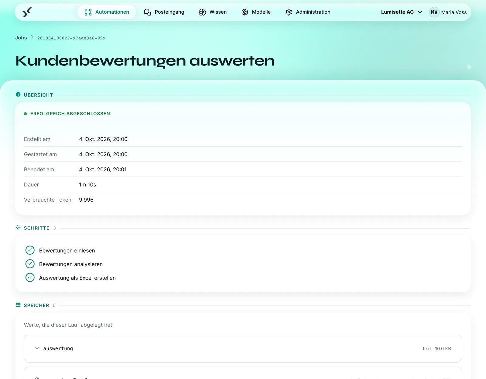 Lauf eines Workflows mit Status, Dauer, verbrauchten Token und erledigten Schritten.