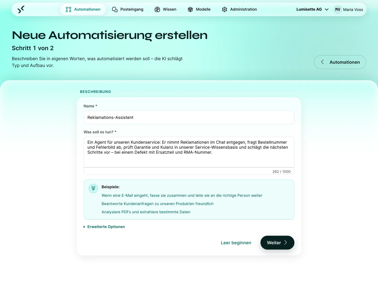 Assistent für neue Automationen im AI Kit: Ein Ablauf wird in eigenen Worten beschrieben.