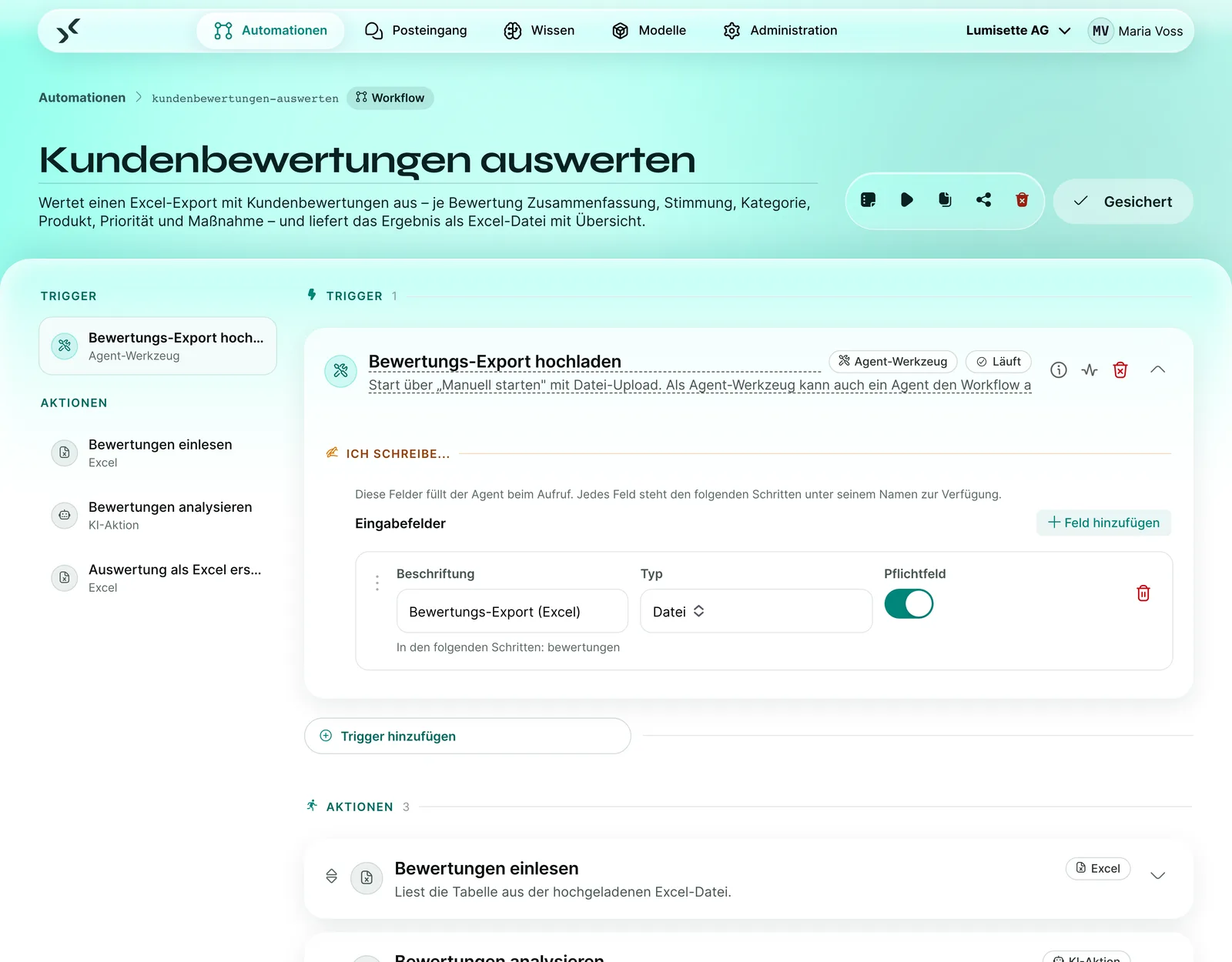 Workflow-Editor im AI Kit mit einem Ablauf für Kundenanfragen