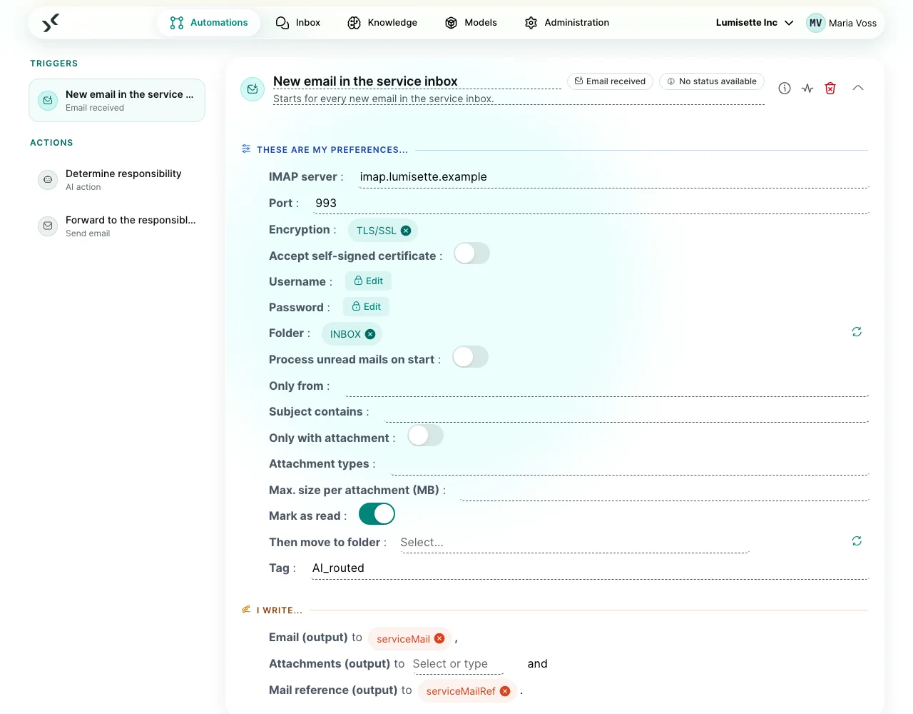 Email trigger in the AI Kit: a workflow starts with every new email in the mailbox and picks up the attachments