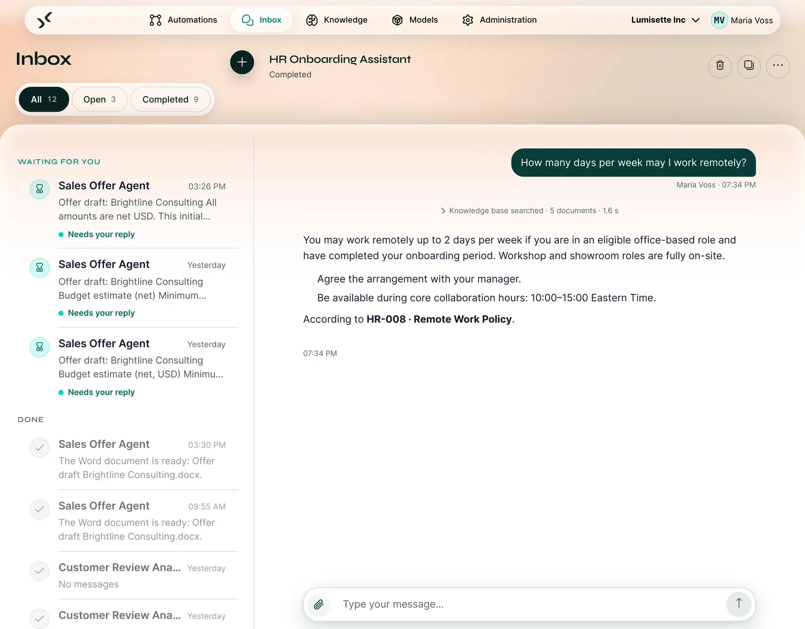 Answer to an HR question in the AI Kit with source reference