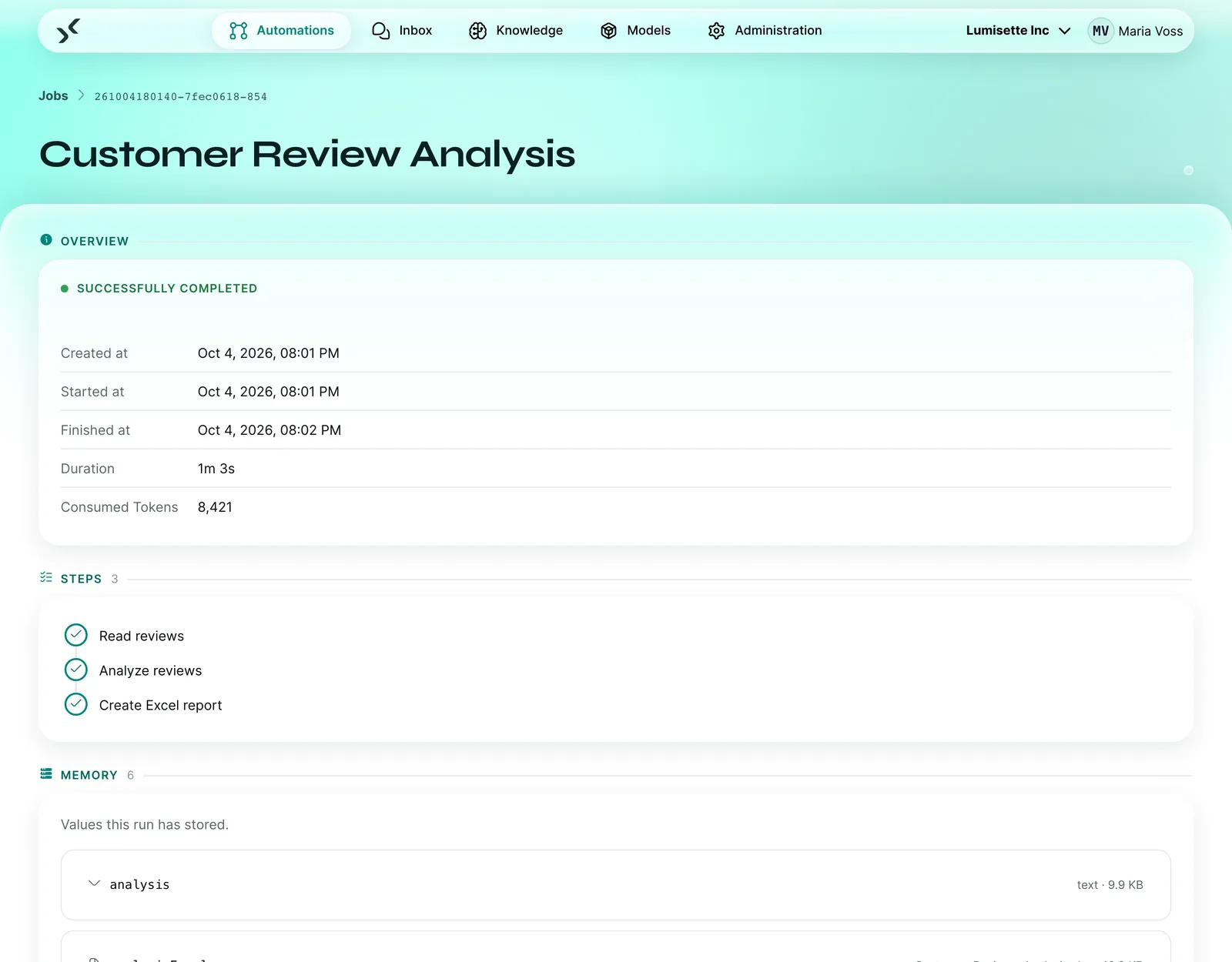 Run of a workflow with status, duration, tokens used and completed steps.