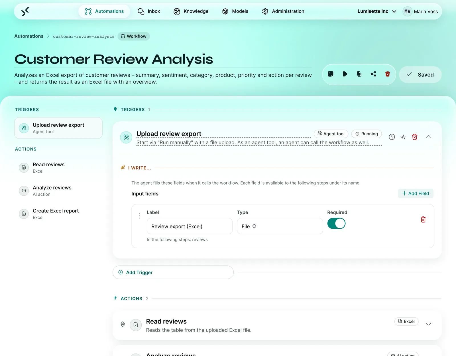 Workflow “Customer Review Analysis”: an Excel export is read in, analyzed by an AI action and returned as an Excel file with an overview.